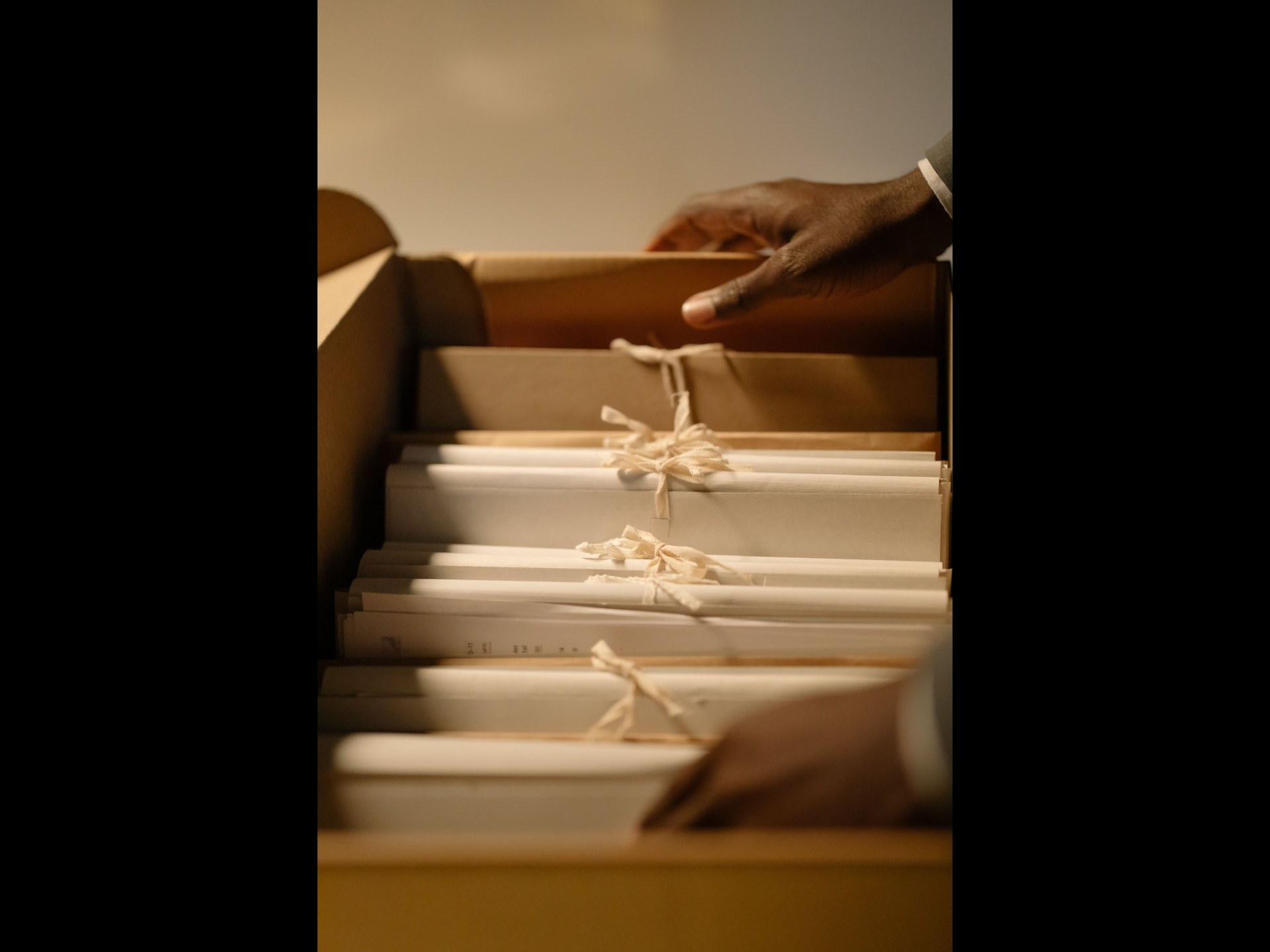 Manos revisando materiales del archivo de una empresa